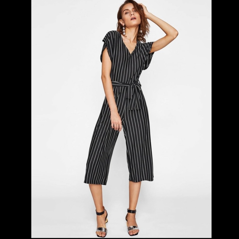 Pinstripe tie waist jumpsuit